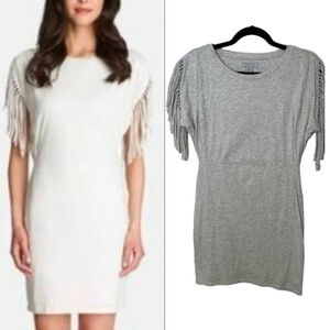 1. State - Revolve Fringe Shoulder Mini Dress Heathered Pale Grey Cotton Modal S